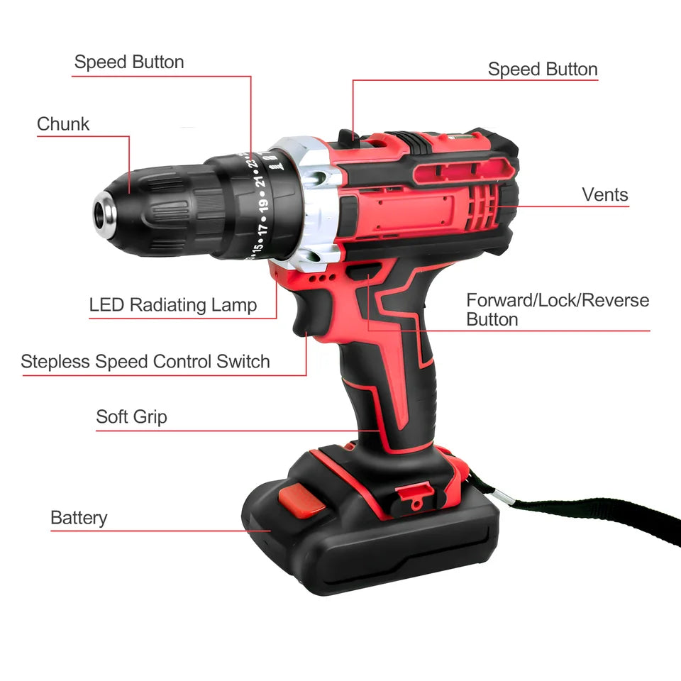 48V Cordless Screwdriver Drill Driver Set Power Electric 25+1 Torque with 1200mAh Battery for DIY Drilling Walls LED Light