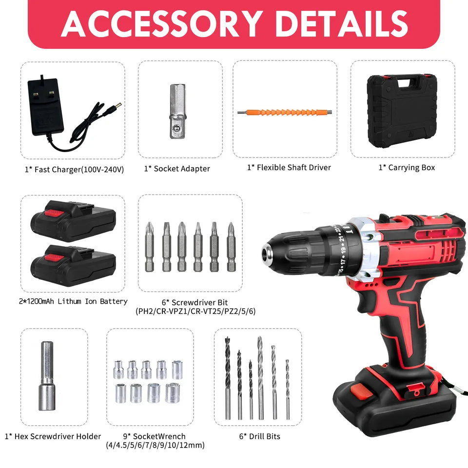 48V Cordless Screwdriver Drill Driver Set Power Electric 25+1 Torque with 1200mAh Battery for DIY Drilling Walls LED Light