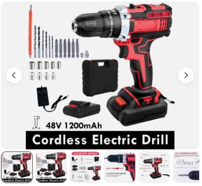 48V Cordless Screwdriver Drill Driver Set Power Electric 25+1 Torque with 1200mAh Battery for DIY Drilling Walls LED Light