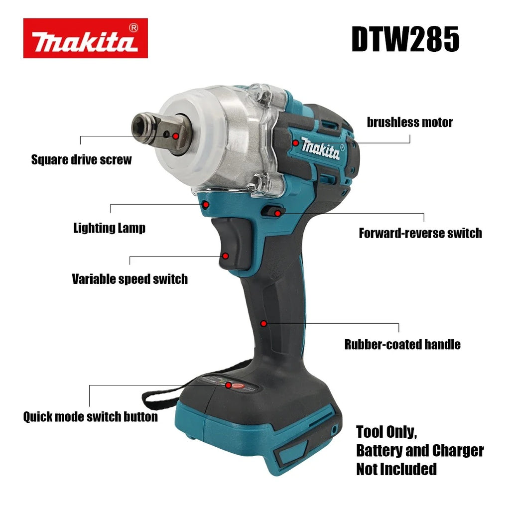 Makita DTW285 Brushless Electric Screwdriver 280N.m 1/2" Socket Rechargeable Drill Driver Compatible with Makita 18V Battery