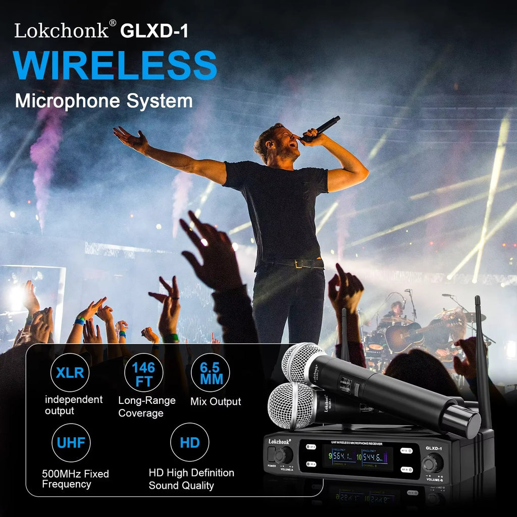 GLXD1 Wireless Microphone system Dual Channel UHF Fixed Frequency Cordless Handheld Dynamic Mic For Karaoke Party Church