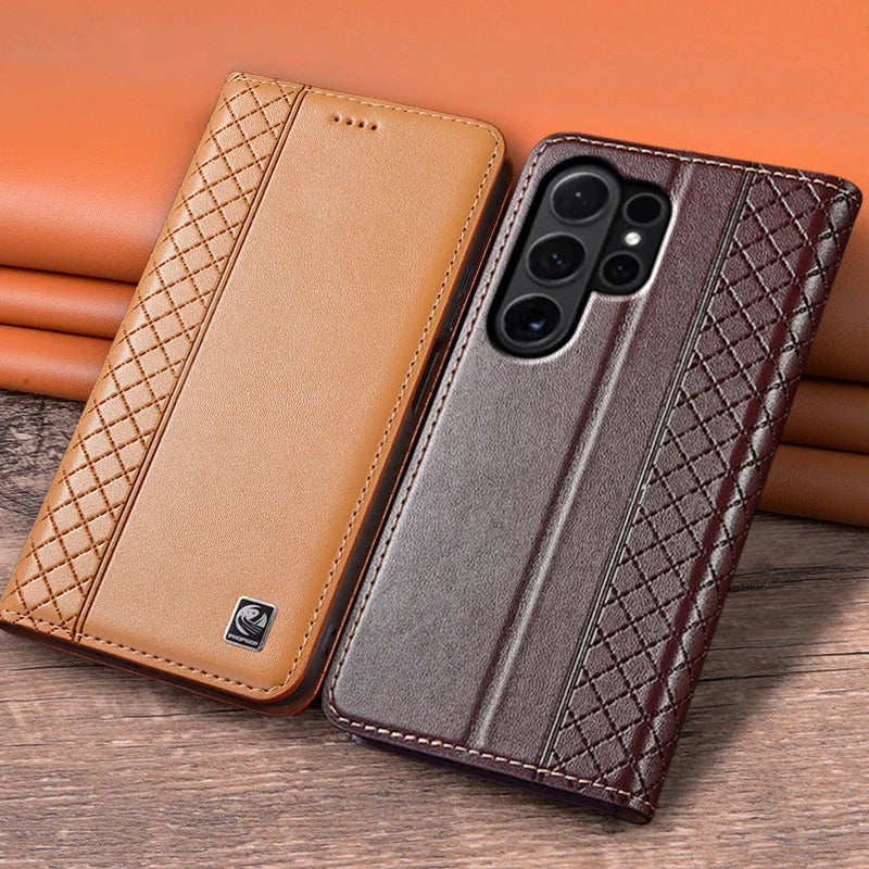 Flip Case For SAMSUNG Galaxy S26 S25 S24 S23 Ultra Plus FE 5G Genuine Leather Magnetic Cover Cowhide Grid Pattern Wallet Cases