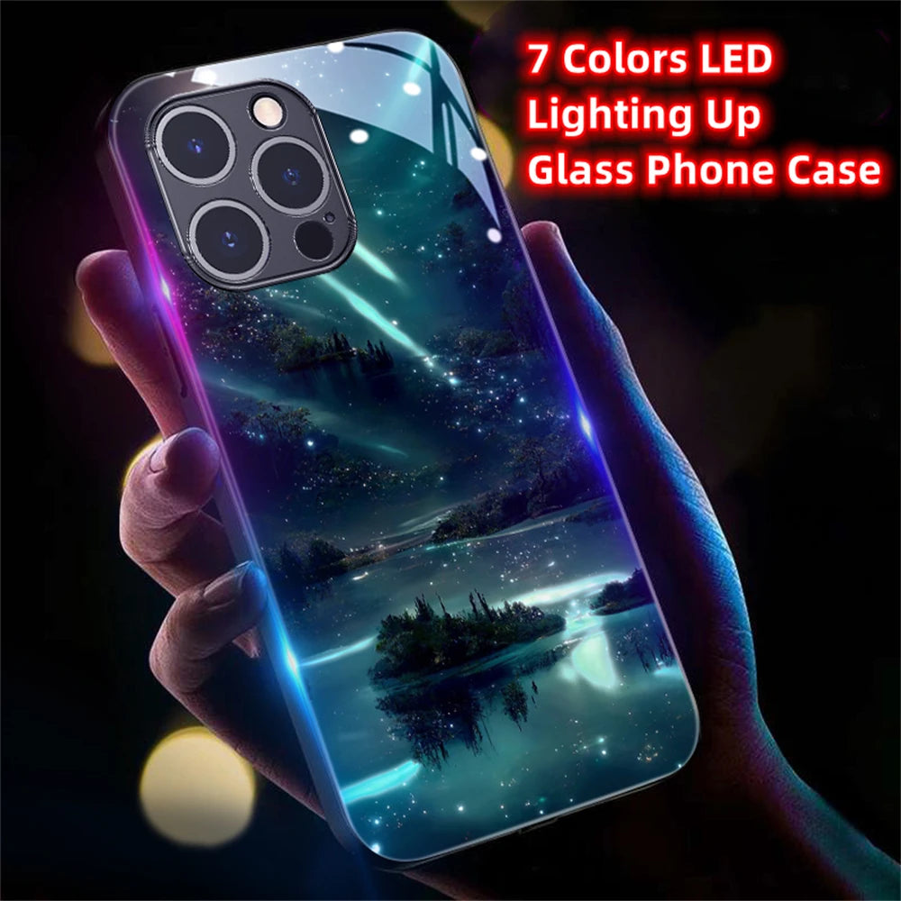 2026 Pretty Galaxy Beach Smart LED Light Glow Tempered Glass Phone Case For iPhone Air 17 16 E 15 14 13 12 11 Pro Max Plus
