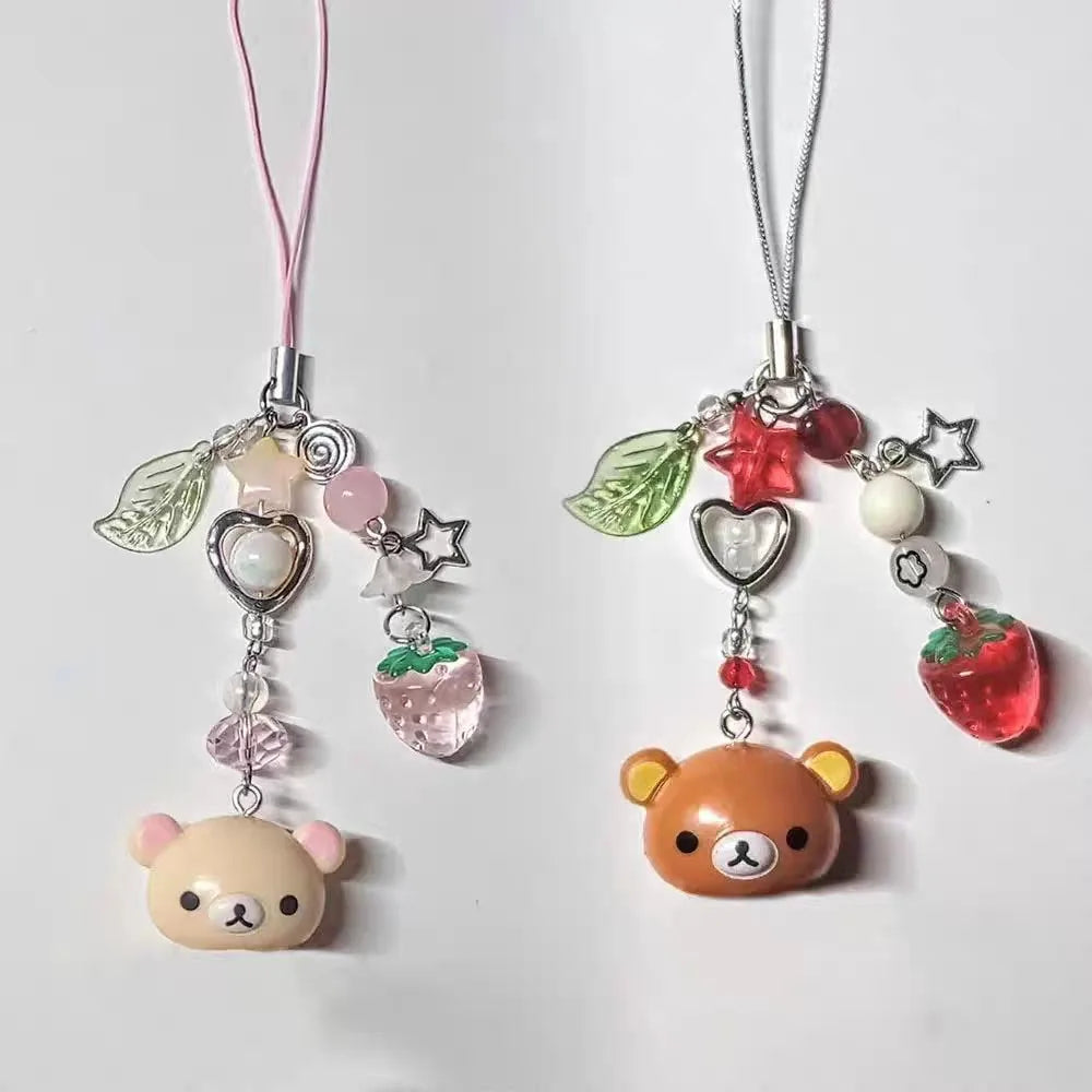 Cute Small Bell Bear Pendant Strawberry Beaded Matching Phone Charms Keychains Bag Chain - Gift Jewelry for Girls Women Couples