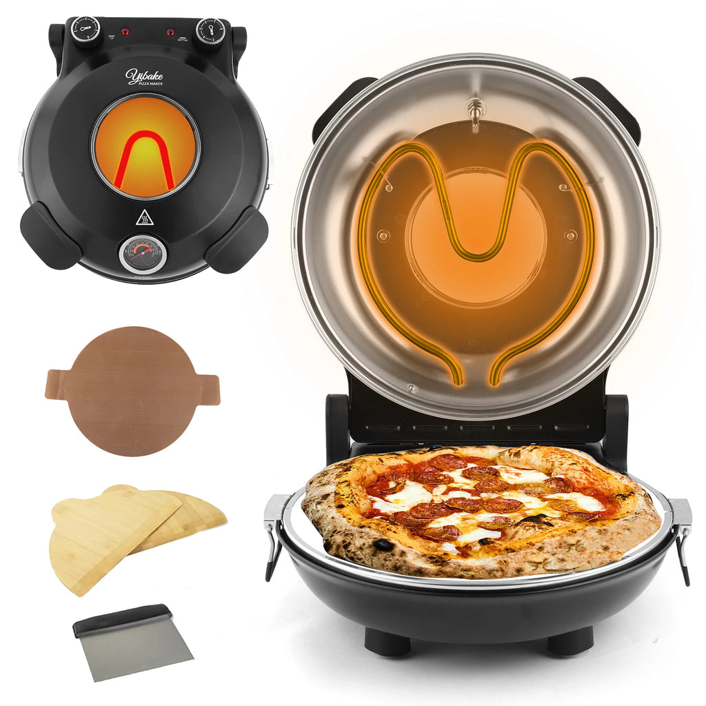 YIBAKE 12 Inch Electric Pizza Oven Indoor 1200W Glazed Ceramic Stone Cooker Two-button Precise Temperature Control Heats up 420℃