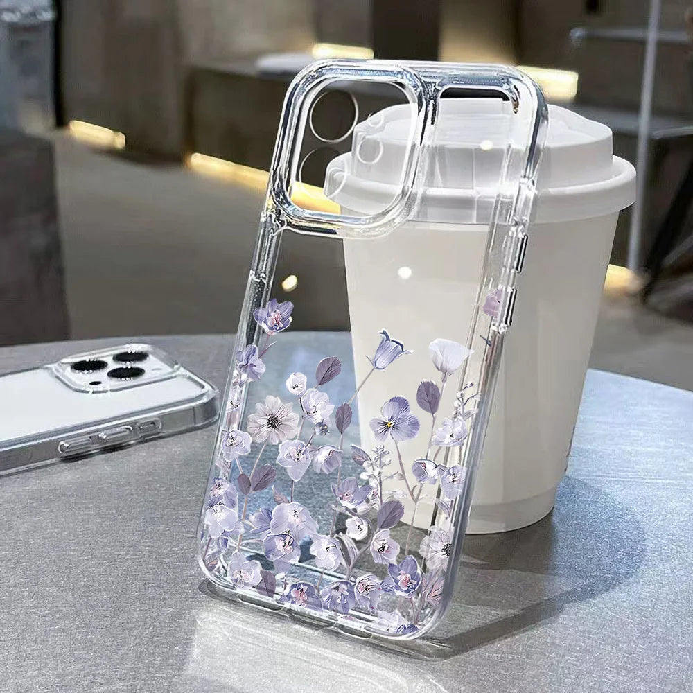Purple Flower Phone Case For iPhone 16 Pro Case iPhone 14 11 13 12 15 Pro Max 16e XR 7 8 Plus SE 2 3 Shockproof Soft Clear Cover