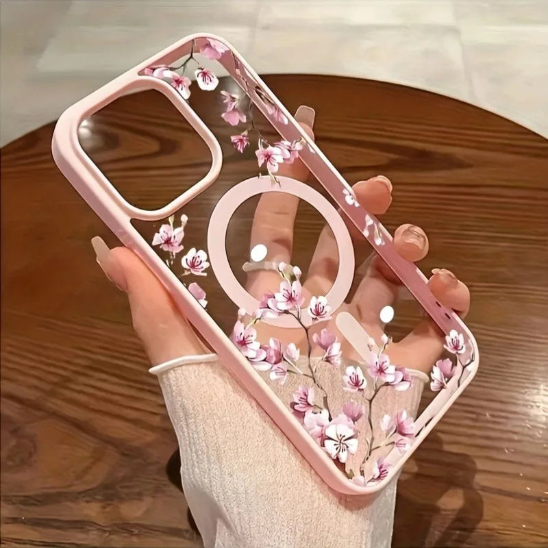 Pink Cherry Elegant Floral Background Design Magnetic Phone Case For iPhone 17 16 15 14 13 12 Pro Max 11 16 Plus 16E 17Air Cover