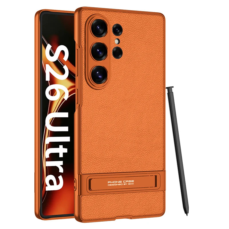 For Samsung Galaxy S26 Ultra S26Ultra Case Luxury Ultra-Thin Skin-Friendly Matte Leather Bracket Shockproof Hard Cover Accessory