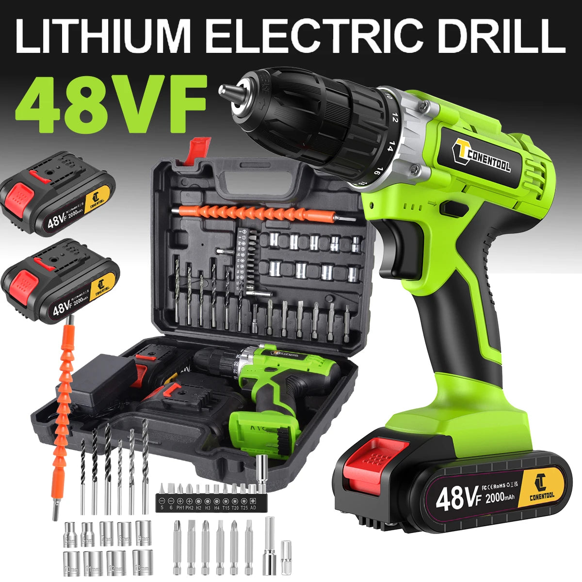 CONENTOOL Electric Screwdriver 48V Lithium-Ion Cordless Drill Driver Set LED Work Light Electric Drill Quick Changer Battery Set