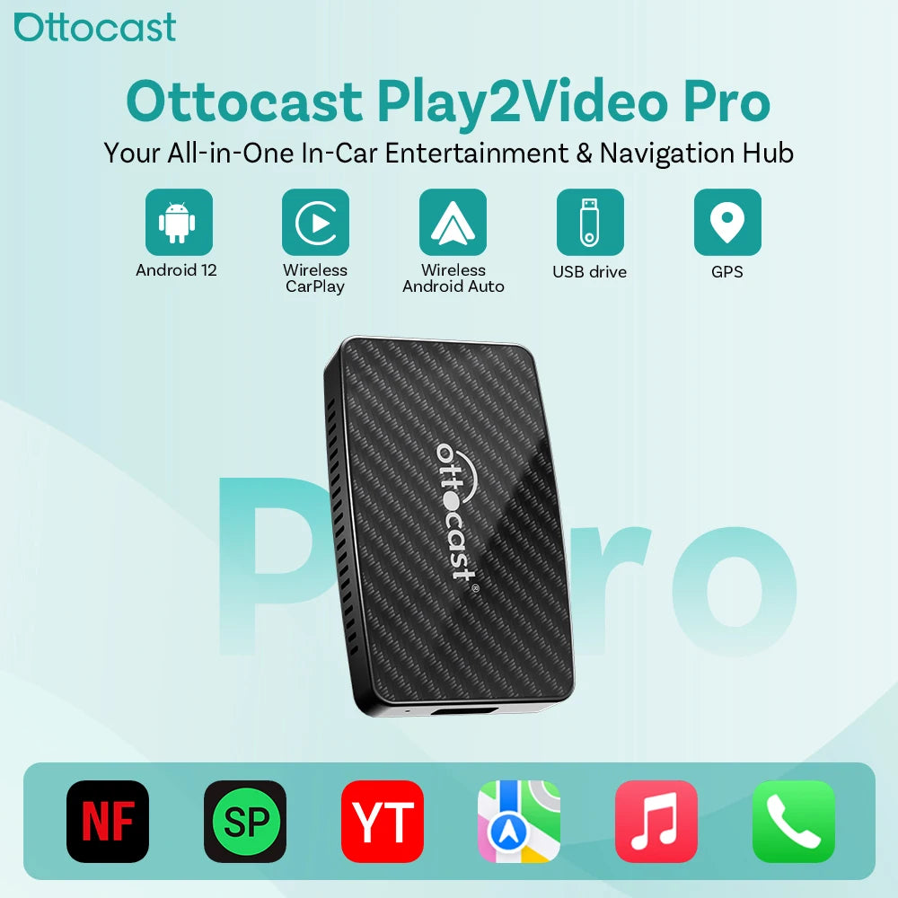 Ottocast Play2video Pro 2026 Android Auto Wireless Box Carplay Ai Box Video Carplay TV Box For Youtube Netflix IPTV Car Accessor