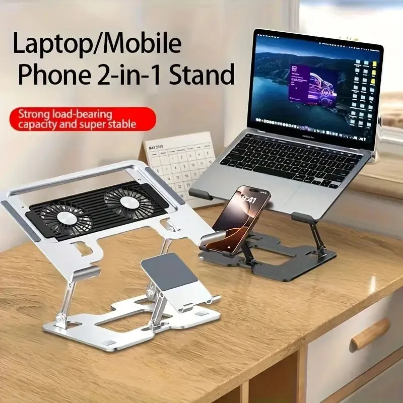 2-in-1 Carbon Steel Laptop Stand - With Cooling Ventilation Foldable & Adjustable Phone/Tablet Stand, Compatible With Projectors