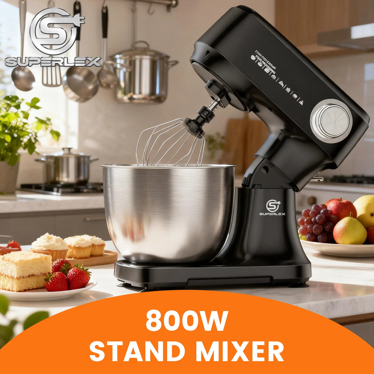 SUPERLEX 4.5L Food Stand Mixer 800W Whip Dough Kneader Multifunctional Powerful Motor Control-Temp Kitchen Mixer with Steel Bowl