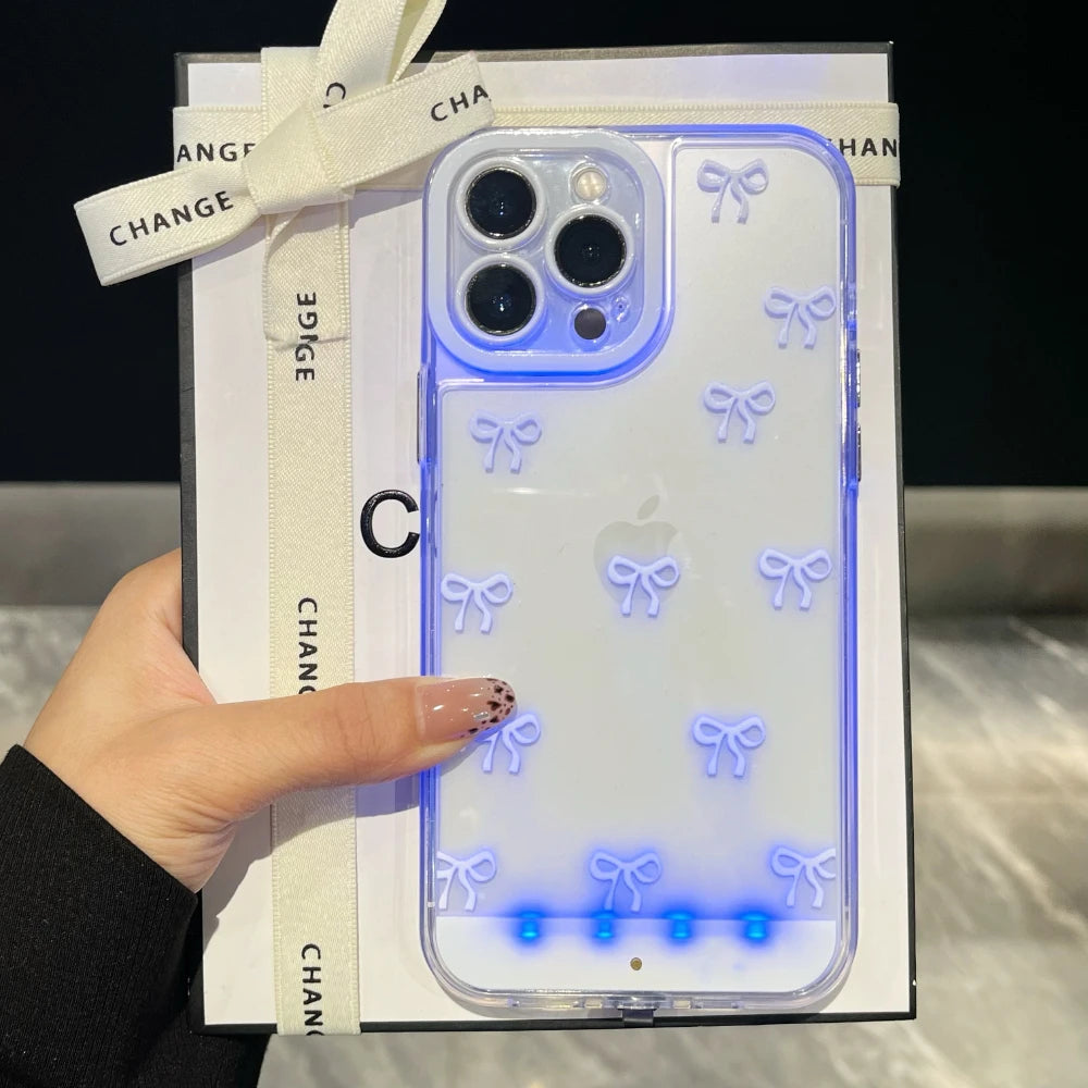 Luminous Call Light Up Flash Bowknot Phone Case For iPhone 17 16 15 13 12 11 14 Pro Max Plus FIve Color Light Change Cases Cover