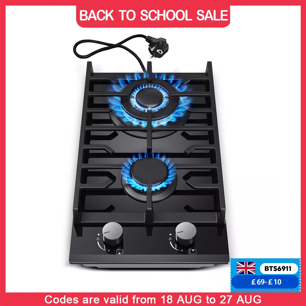 TopStrong 2 Burners 30cm Kitchen Built in Tempered Glass NG/LPG Dual Fuel Gas Hob UKGCT-B02