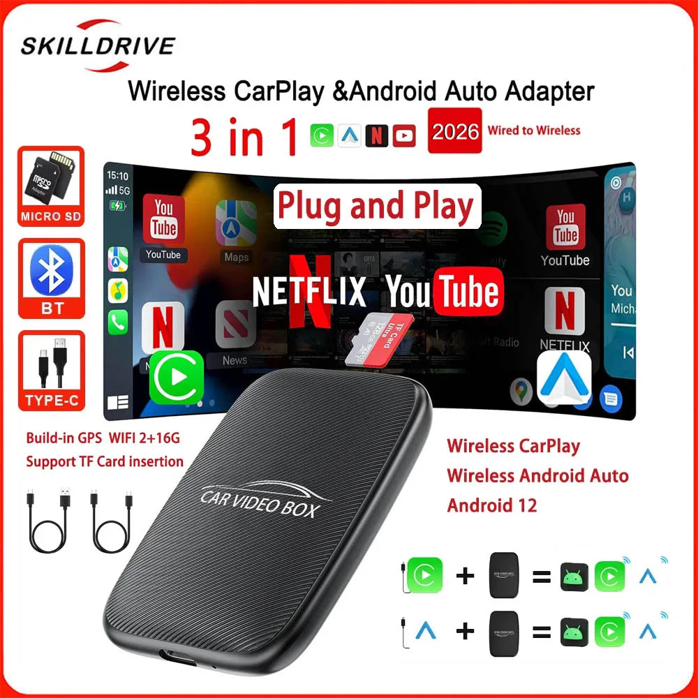 SKILLDRIVE 2026 Car Ai Box 3 in 1 Wireless CarPlay Android Auto Adapter Android TV Box on Youtube Nexflit Car Intelligent System