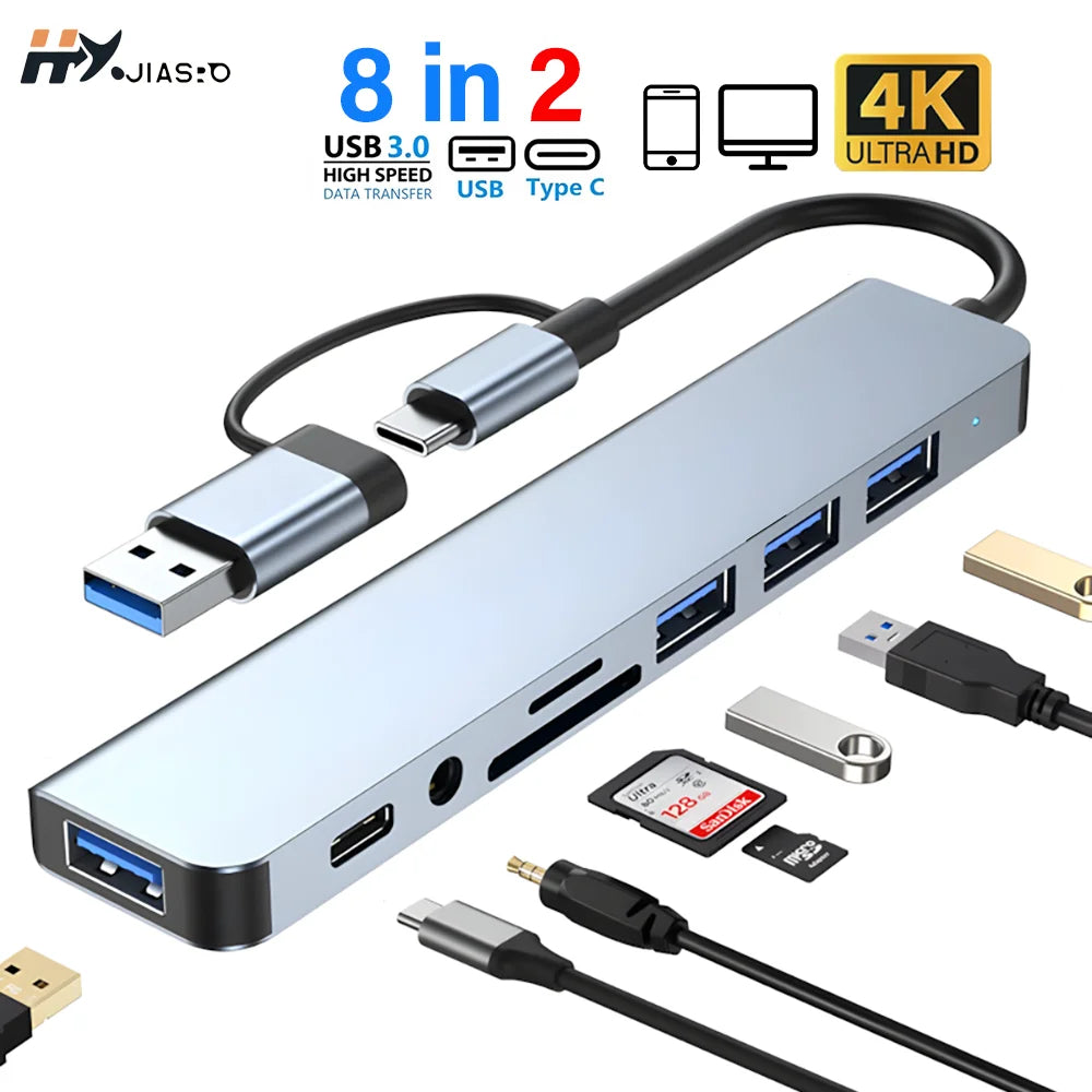 8 In 2 USB Hub USB C Docking Station Type-C Adapter To 4K60Hz HDMI USB 3.0 5Gbps RJ45 1000Mbps Splitter With SD/TF For Laptop