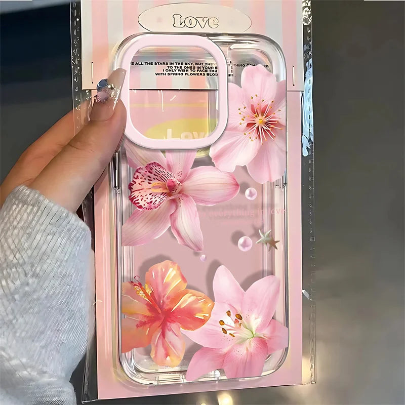 Pink Lily Flower Pattern Phone Case For iPhone 16 17 16e 15 14 13 12 11 Pro Max X XR XSMax 7 8 Plus SE2 Transparent Soft Cover