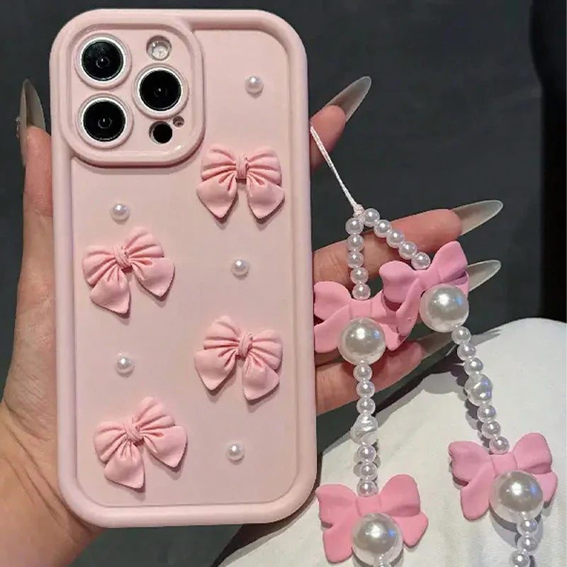 Korean 3D Bowknot Pearl Silicone Phone Case For iPhone 16 17 Pro 15 14 13 12 11 Pro Max 16E 7 8 Plus With Lanyard Soft Cover