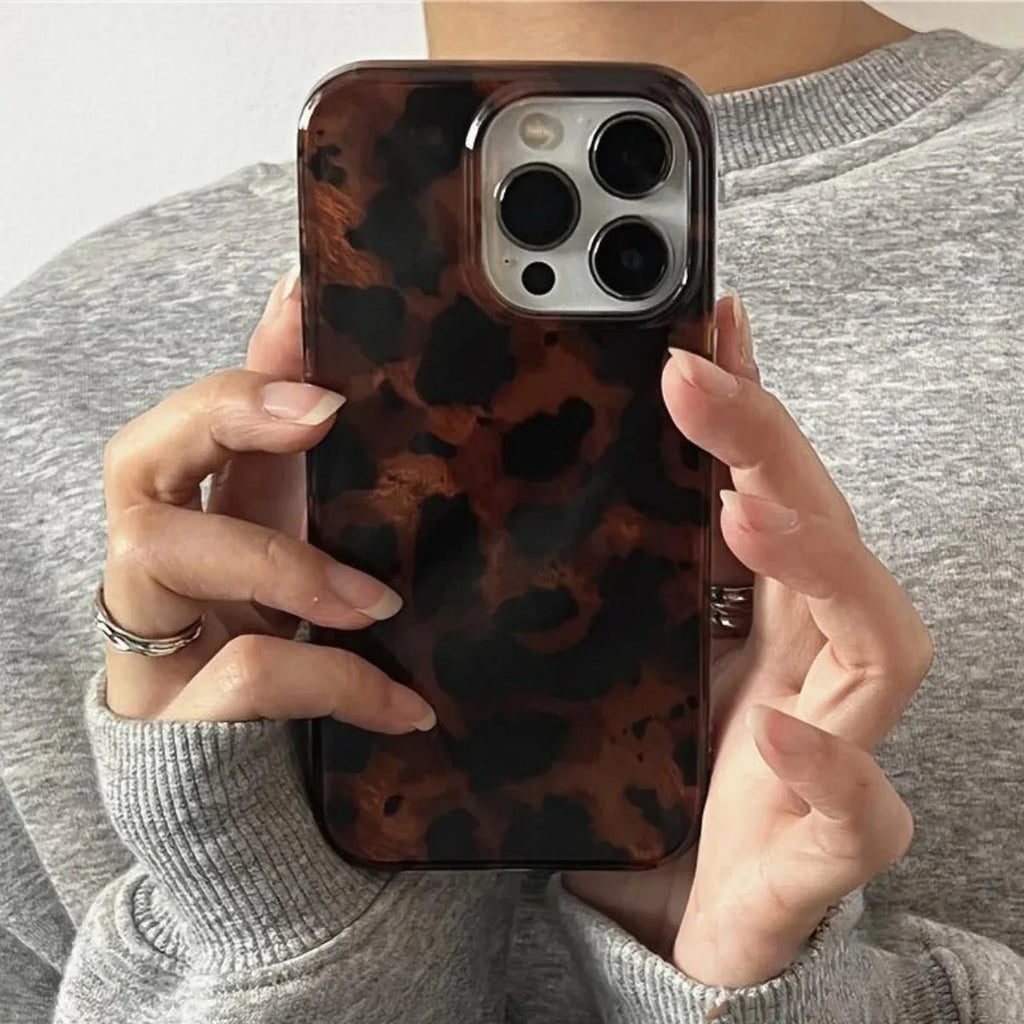 Retro Amber Texture Laser Phone Case For iPhone 17 16 Pro Max 15 14 13 12 11 XS XR 7 8 Plus 16E Stylish Leopard Print Soft Cover