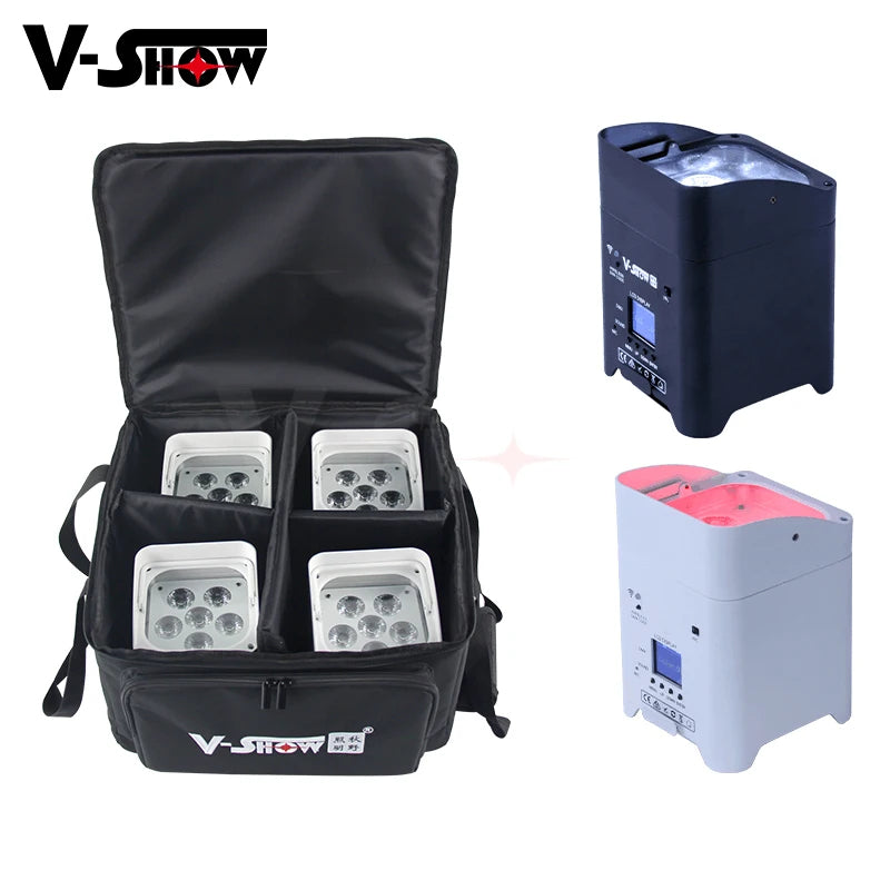 V-show 4pcs With Bag Battery Wireless DMX Wifi Remote Led Wedding Uplight 6x18w RGBWAUV 6in1 LED Par DJ Sound Party lights