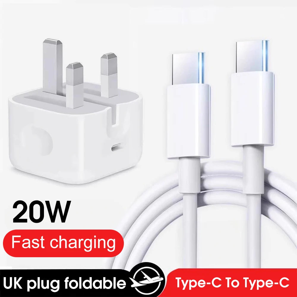 Dual Type-C Fast Charger Cable & PD 20W Foldable UK Adaper For iPhone 15 16 Pro Max Xiaomi Redmi Android Phone USB C Data Cord