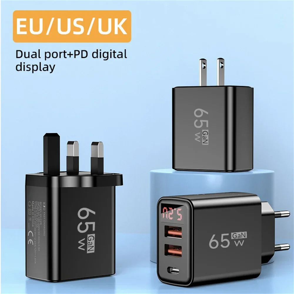 EU/US/UK Plug 65W USB Charger 3 Ports Fast Charging Mobile Phone Power Adapter QC3.0 Type C Charger For iPhone Samsung Xiaomi