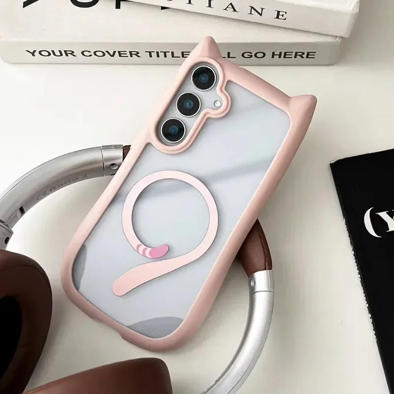2026 newCute Cat Ear Cartoon Phone Case For Galaxy S25Ultra S25 S24 S23 Plus Transparent PC Magnetic Cover Wireless Charge Shell