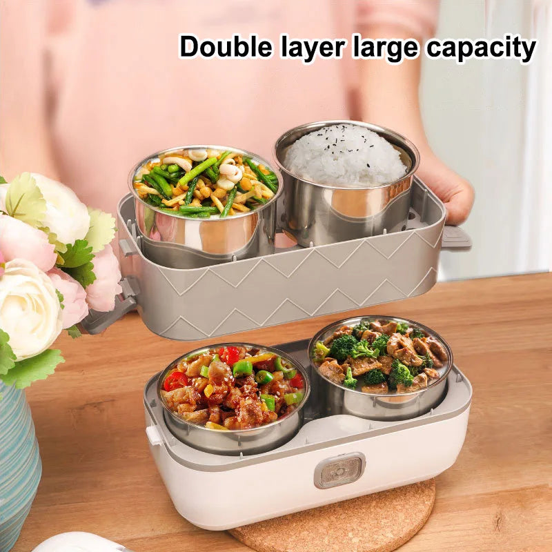 New 2L Portable Electric Lunch Box with Heat and Insulation Double-layered Portable Lunch Box for Home Use and Outdoor Picnics
