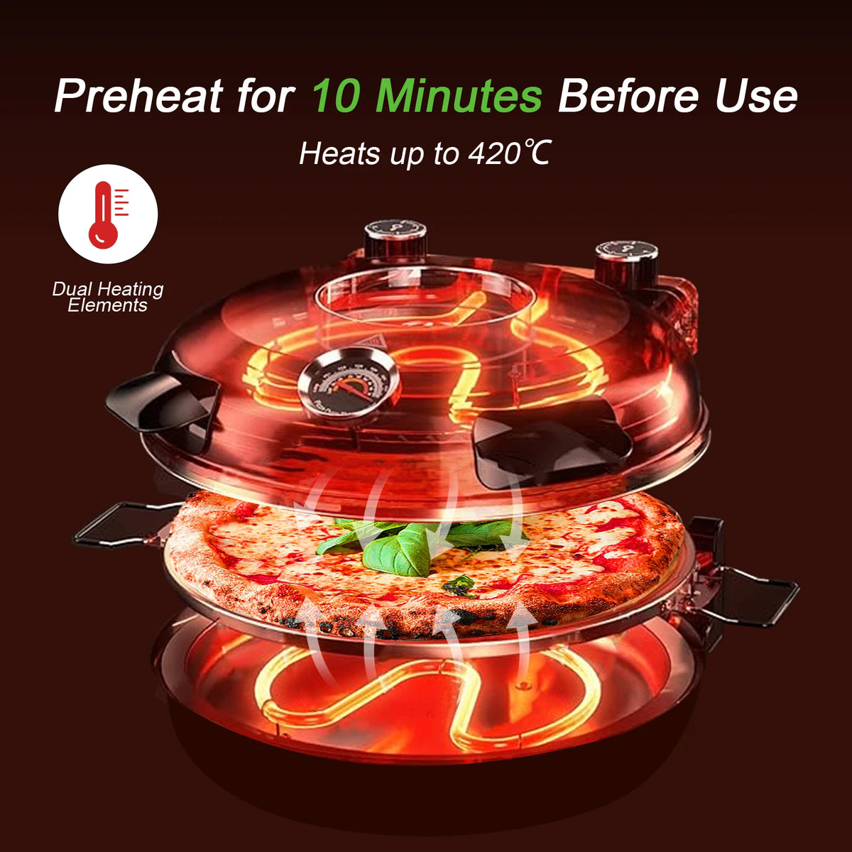 YIBAKE 12 Inch Electric Pizza Oven Indoor 1200W Glazed Ceramic Stone Cooker Two-button Precise Temperature Control Heats up 420℃