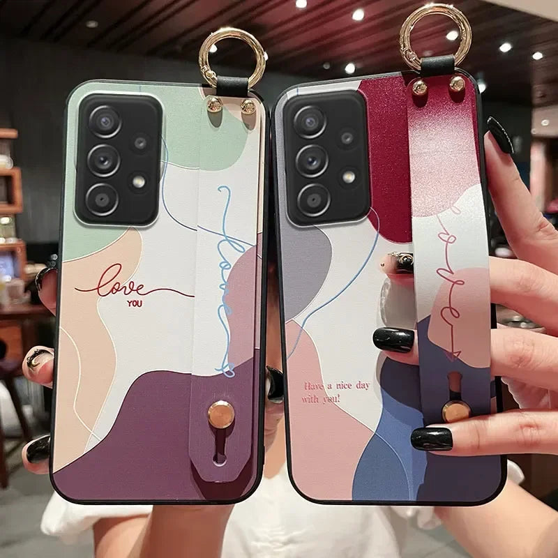 Wrist Strap Case For Samsung S25 Plus Ultra S24 FE A06 17 07 16 36 26 56 15 25 35 55 Vintage Flower Soft Phone Holder Case Cover
