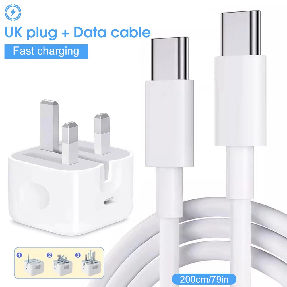 Dual Type-C Fast Charger Cable & PD 20W Foldable UK Adaper For iPhone 15 16 Pro Max Xiaomi Redmi Android Phone USB C Data Cord