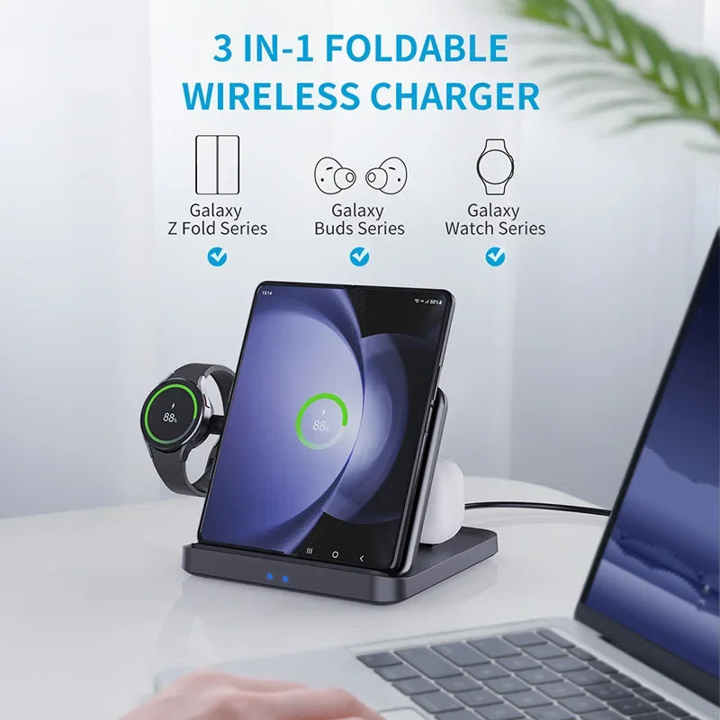 Foldable Wireless Charger Stand for Samsung Galaxy Z Fold 5 4 Flip 4 S23 S21 3 in 1 Fast Charging Station for Galaxy Watch Buds2