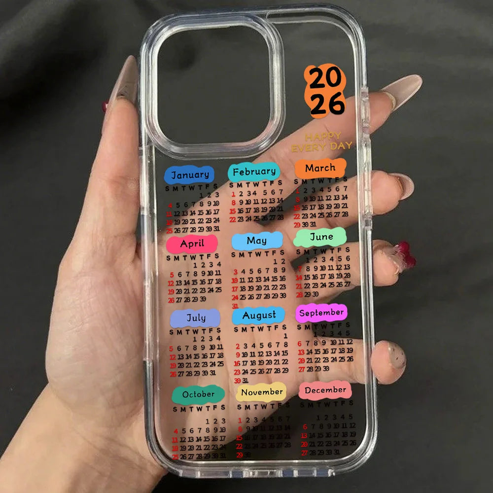 Luxury 2026 Calendar Transparent Soft Acrylic Phone Case For iPhone 17 16 Pro Max 11 13 15 14 12 Air Shockproof Bumper Cover
