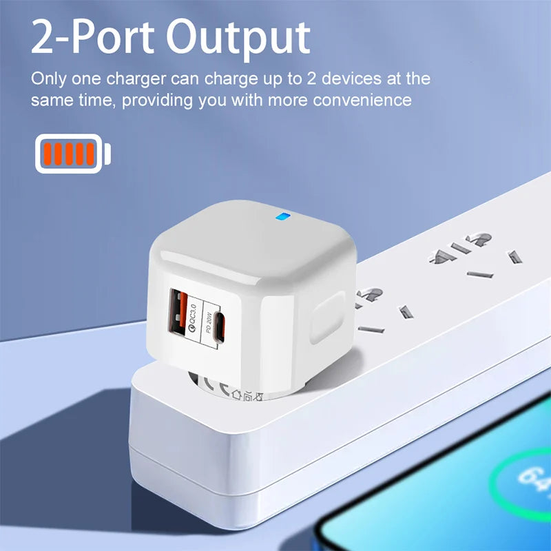 QC3.0 PD20W USB+Type-C Dual Ports Fast Charger Phone Adapter EU/US/UK Plug Wall Charger For iPhone Samsung Huawei Xiaomi/Tablets