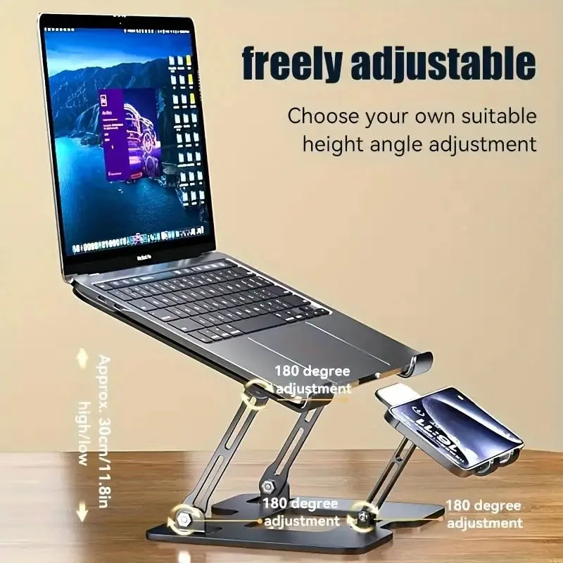 2-in-1 Carbon Steel Laptop Stand - With Cooling Ventilation Foldable & Adjustable Phone/Tablet Stand, Compatible With Projectors