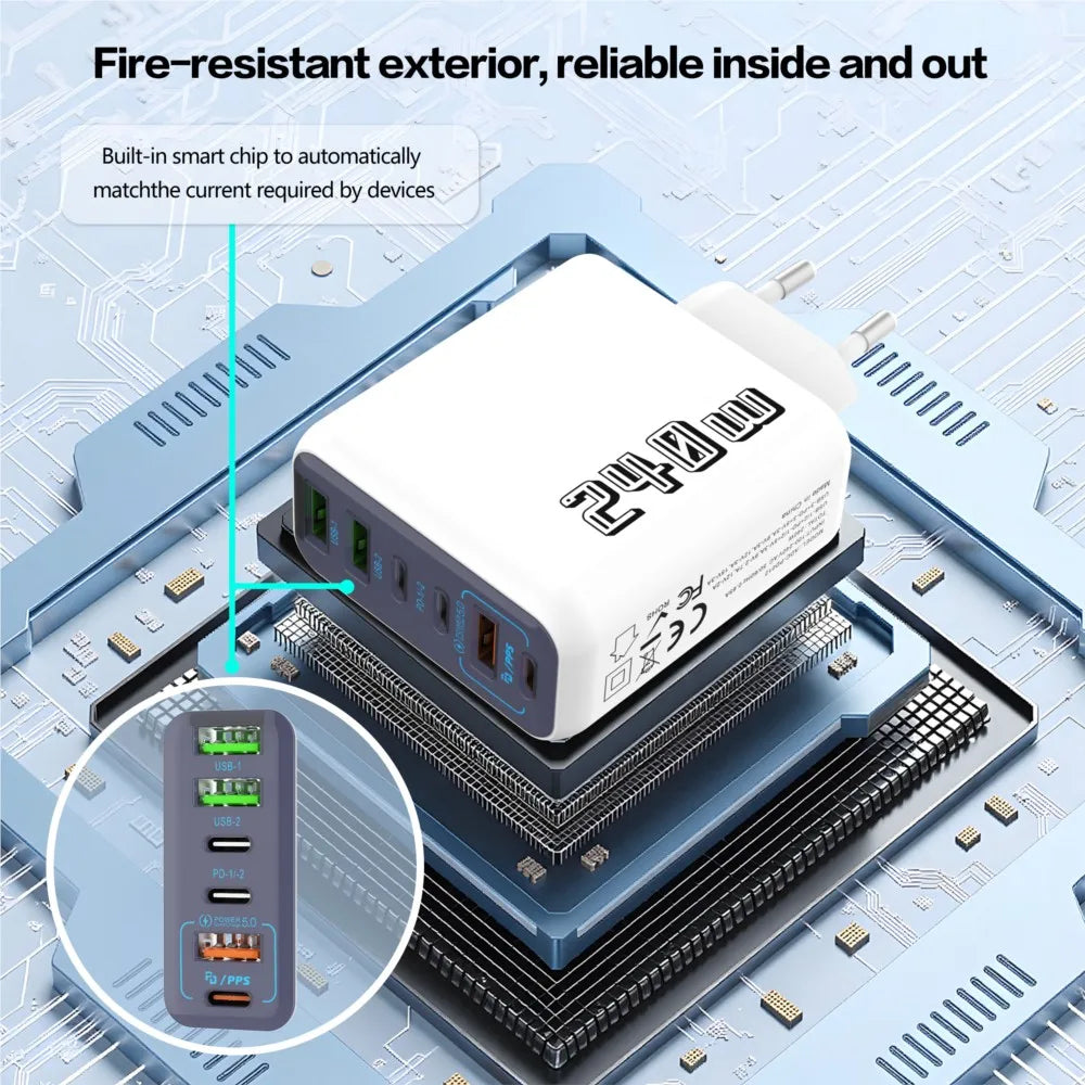 240W 6 Port USB C Charger Super Fast Charging PD3.0 USB C Type C Mobile Phone Charger For iPhone 17 16 pro Samsung Xiaomi ipad