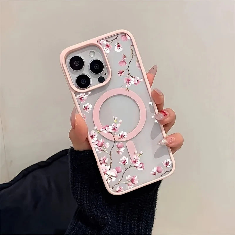 Pink Cherry Elegant Floral Background Design Magnetic Phone Case For iPhone 17 16 15 14 13 12 Pro Max 11 16 Plus 16E 17Air Cover