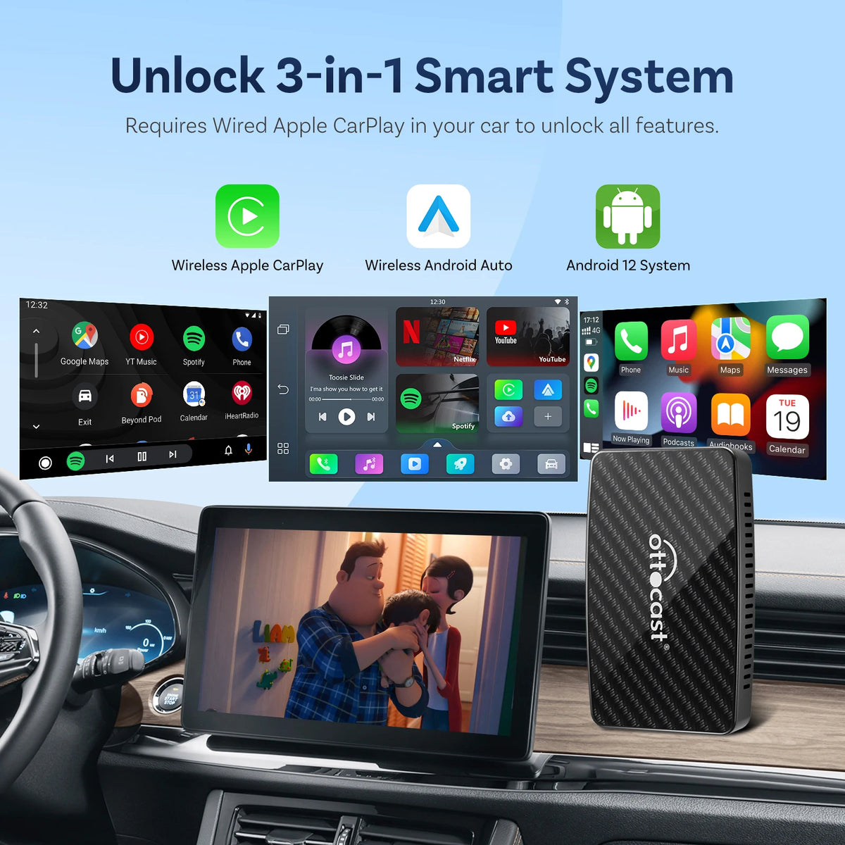 Ottocast Play2video Pro 2026 Android Auto Wireless Box Carplay Ai Box Video Carplay TV Box For Youtube Netflix IPTV Car Accessor