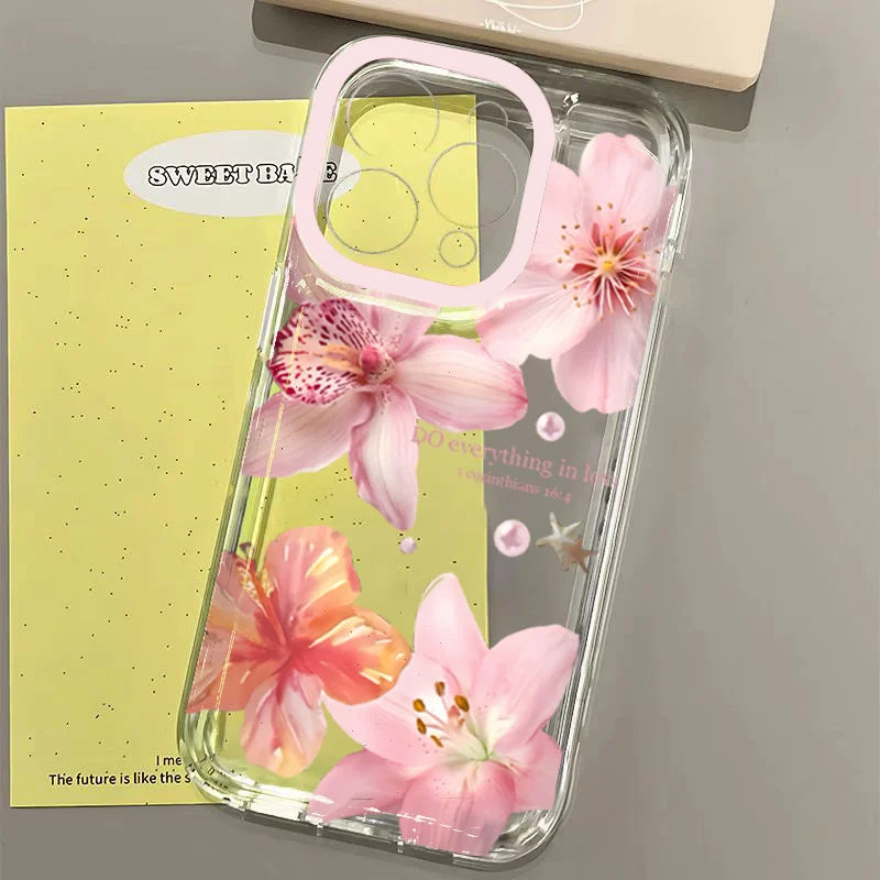 Pink Lily Flower Pattern Phone Case For iPhone 16 17 16e 15 14 13 12 11 Pro Max X XR XSMax 7 8 Plus SE2 Transparent Soft Cover