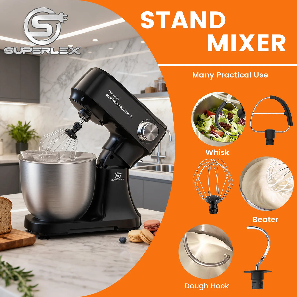 SUPERLEX 4.5L Food Stand Mixer 800W Whip Dough Kneader Multifunctional Powerful Motor Control-Temp Kitchen Mixer with Steel Bowl