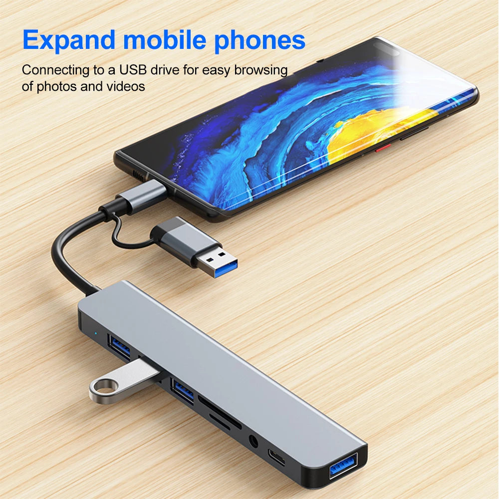 8 In 2 USB Hub USB C Docking Station Type-C Adapter To 4K60Hz HDMI USB 3.0 5Gbps RJ45 1000Mbps Splitter With SD/TF For Laptop