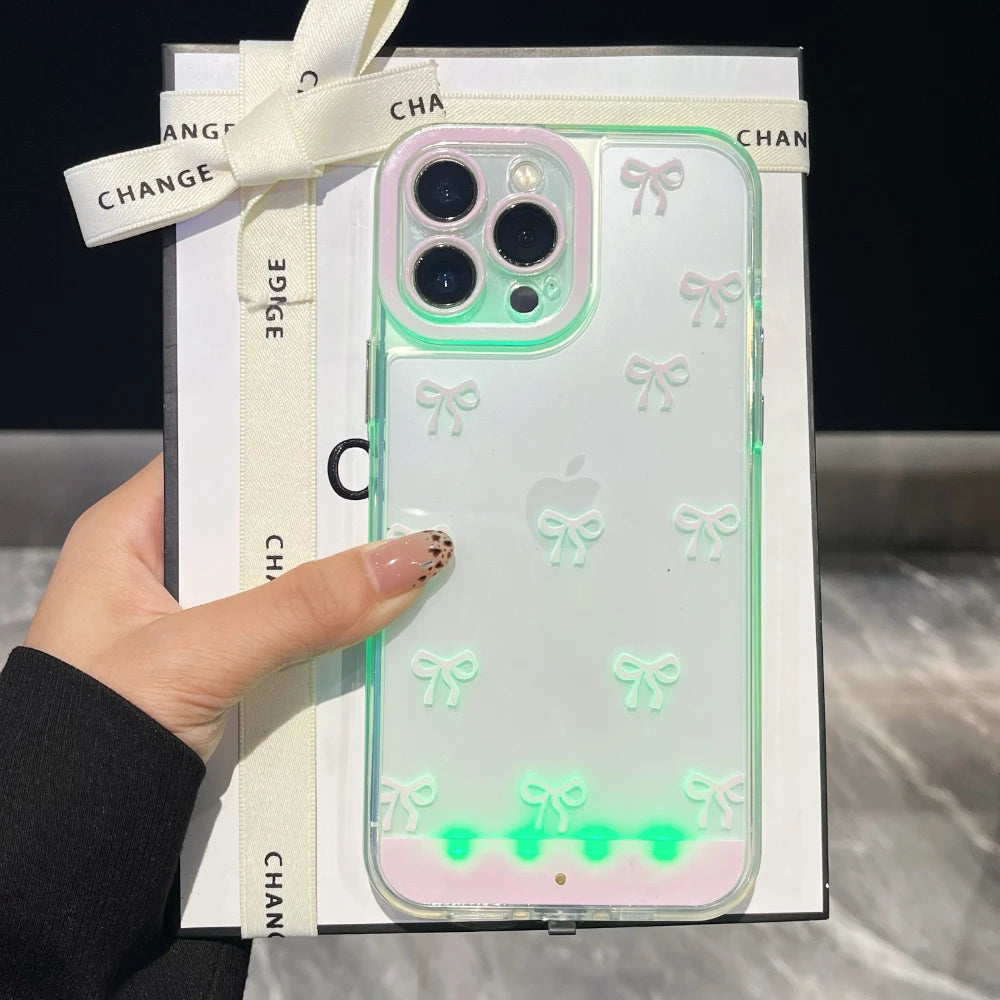 Luminous Call Light Up Flash Bowknot Phone Case For iPhone 17 16 15 13 12 11 14 Pro Max Plus FIve Color Light Change Cases Cover