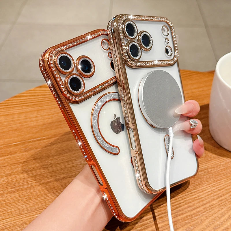 Luxury Bling Crystal Lens Film for Magsafe Case for iPhone 17 Pro Max 17 Air Magnetic Wireless Charging Clear Cover for iPhone17