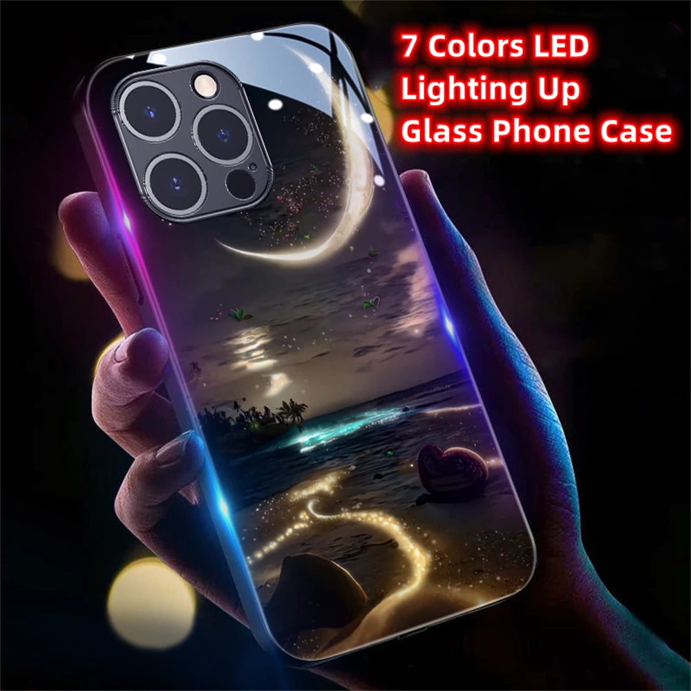 2026 Pretty Galaxy Beach Smart LED Light Glow Tempered Glass Phone Case For iPhone Air 17 16 E 15 14 13 12 11 Pro Max Plus