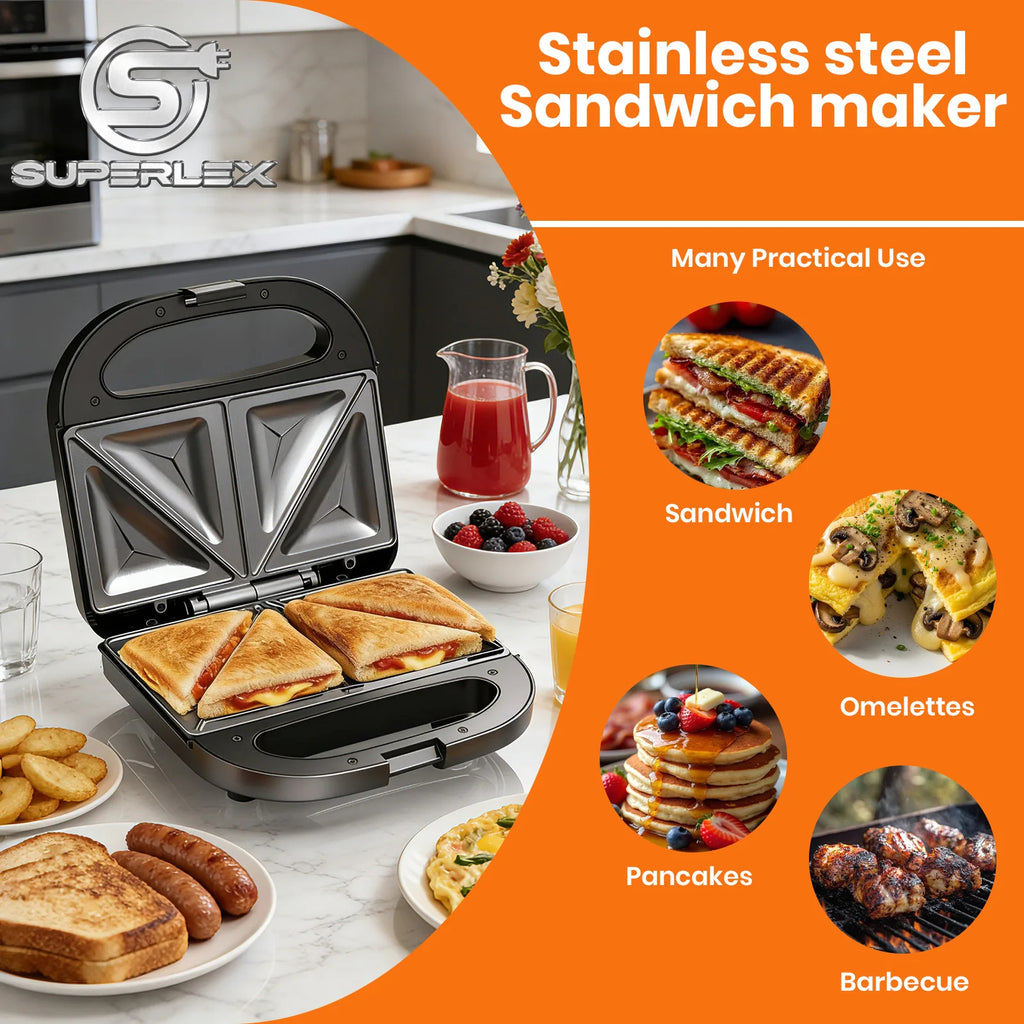 SUPERLEX Stainless Steel Sandwich Maker With Non-stick Plates Cool Touch Handle 750W Powerful Toaster Maker Suitable For House