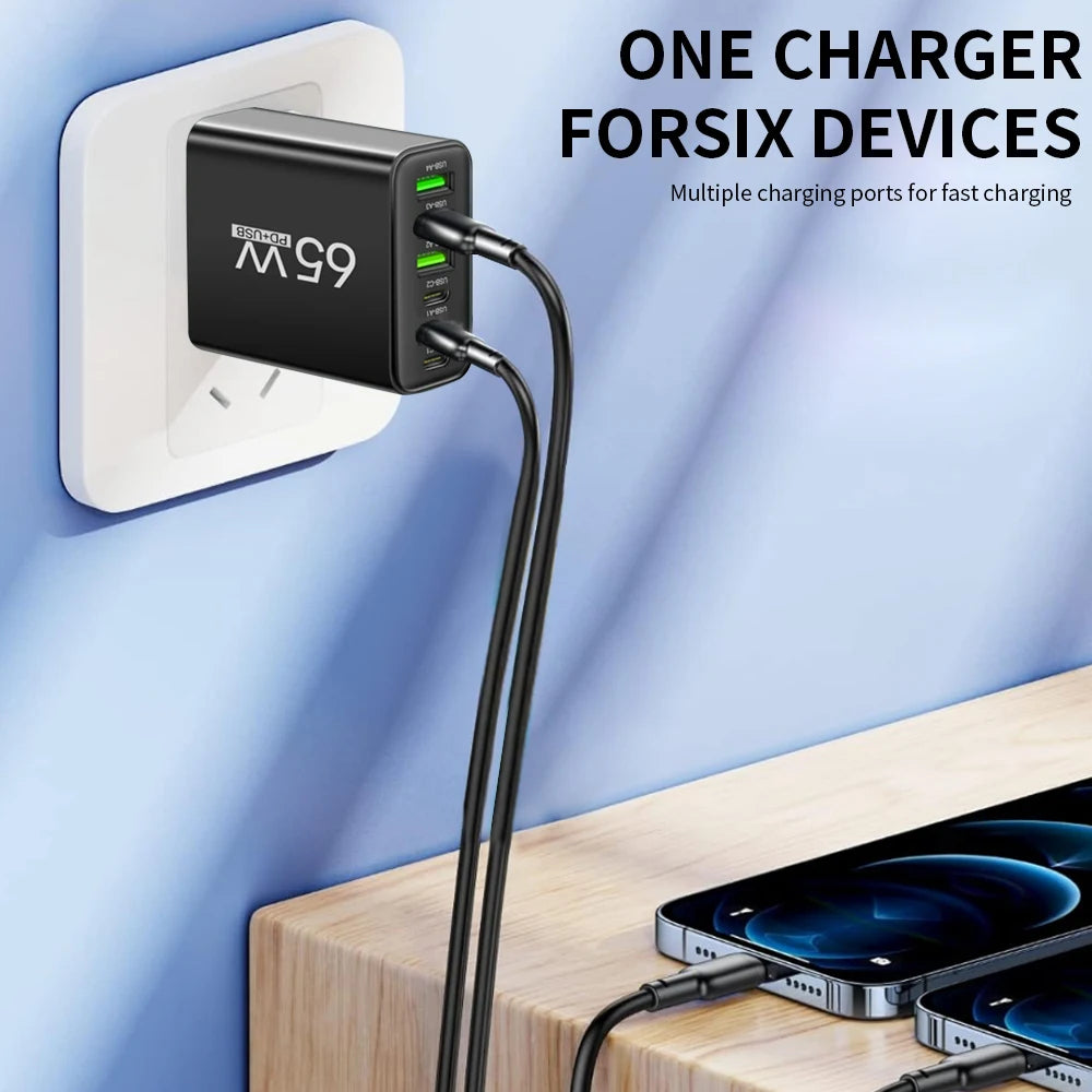 Multi Ports 65W USB Charger Fast Charging Type C Phone Charger Adapter For iPhone Samsung Xiaomi Huawei EU/US Plug Wall Charger