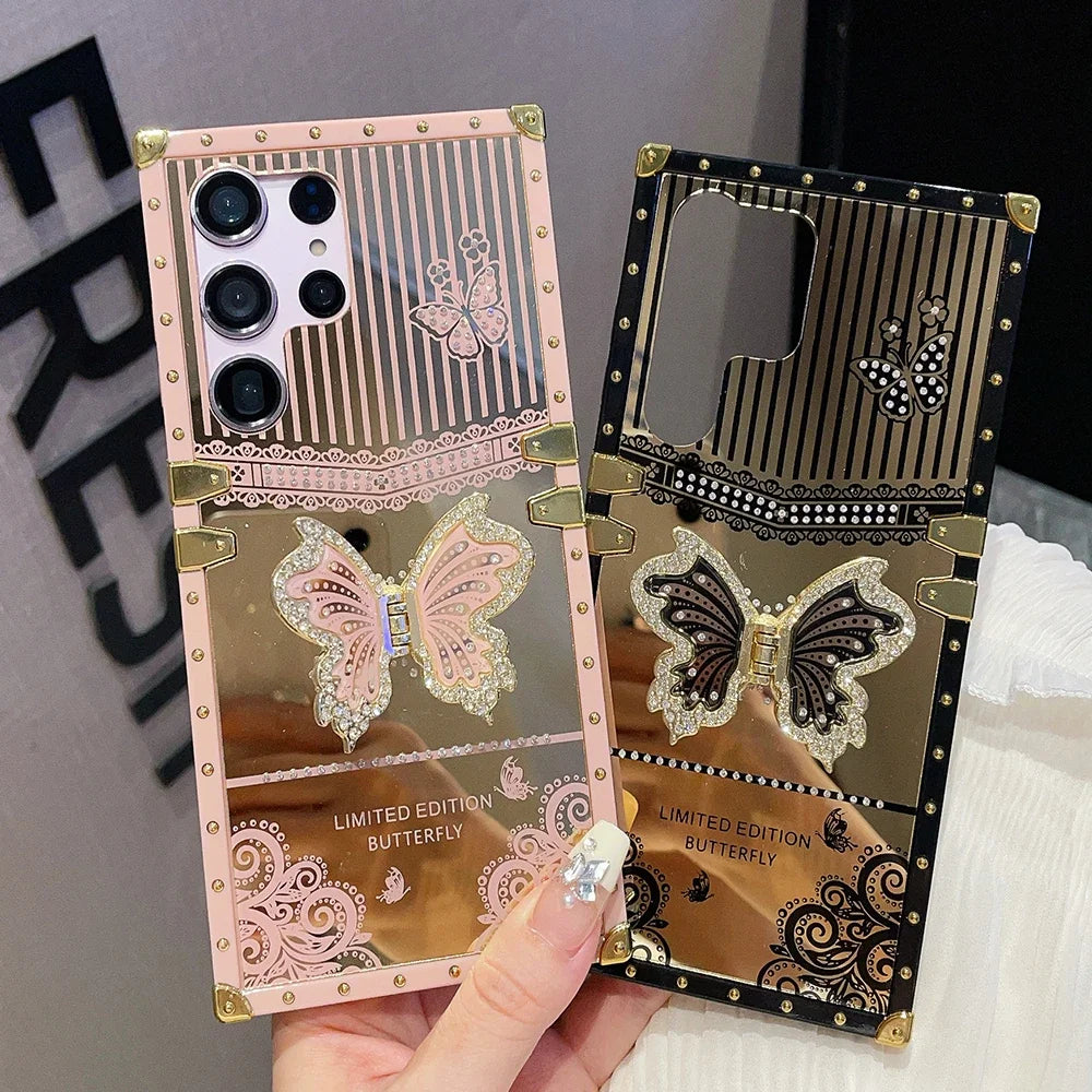 Luxury Plating Butterfly Bracket Diamond Phone Case – Samsung S25 | S24 Ultra | S23 Plus | S22 | A56/A36/A26/A16/A06/A55/A35/A25/A15/A05