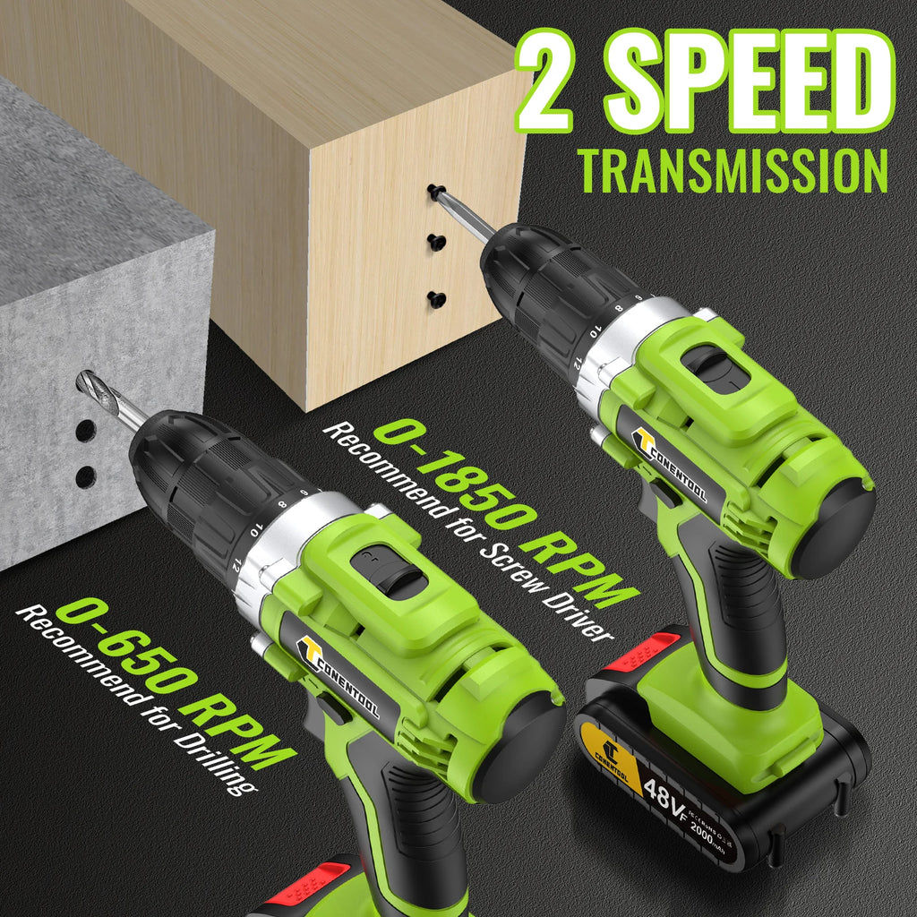 CONENTOOL Electric Screwdriver 48V Lithium-Ion Cordless Drill Driver Set LED Work Light Electric Drill Quick Changer Battery Set