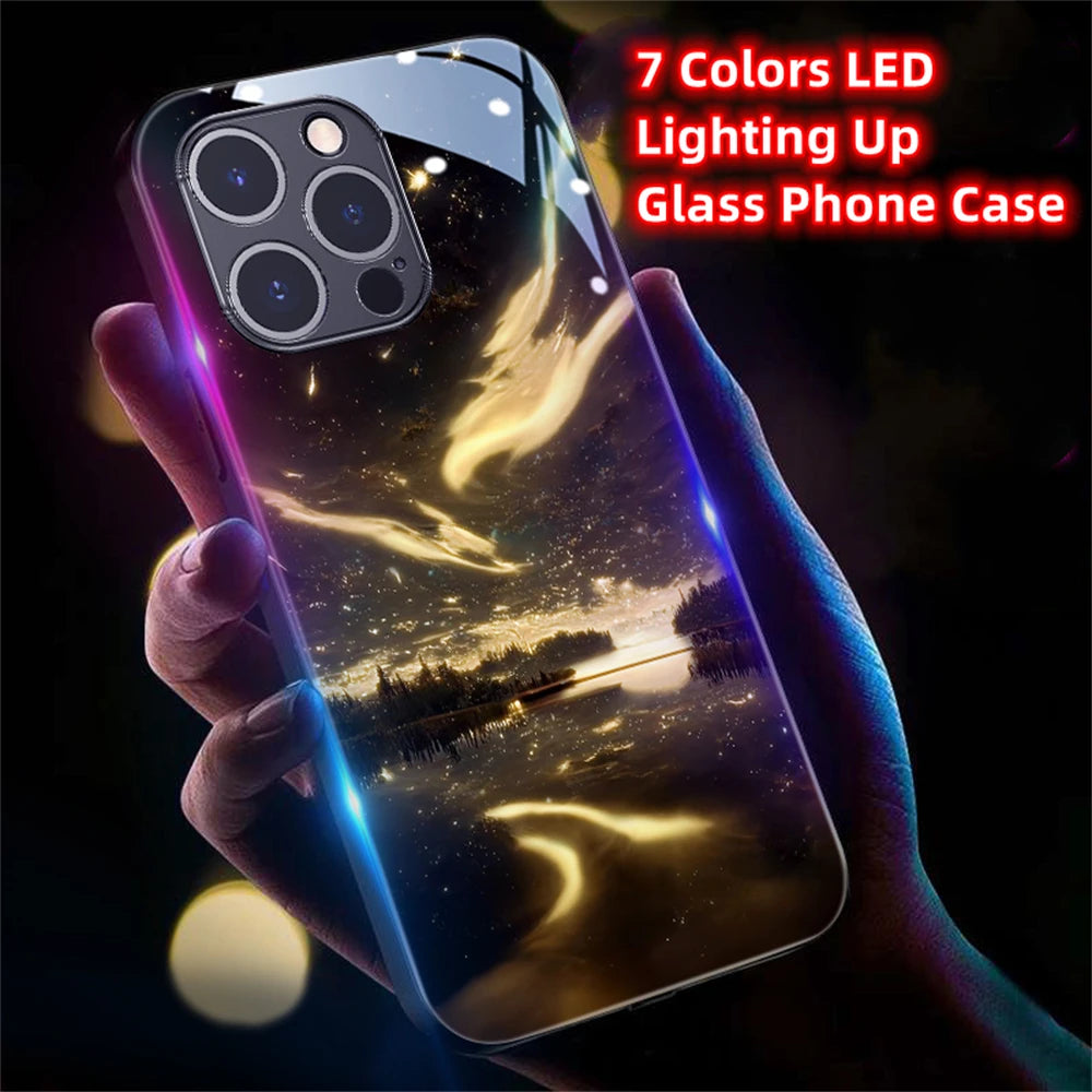 2026 Pretty Galaxy Beach Smart LED Light Glow Tempered Glass Phone Case For iPhone Air 17 16 E 15 14 13 12 11 Pro Max Plus