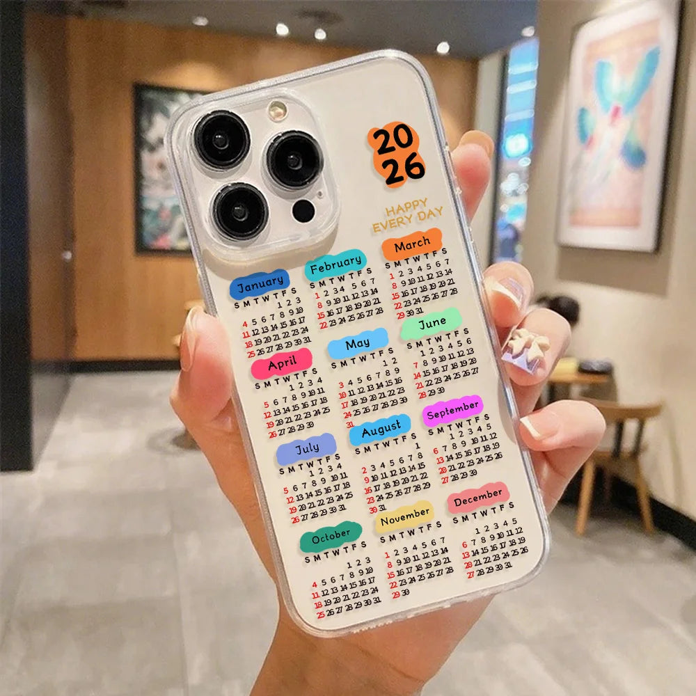 Luxury 2026 Calendar Transparent Soft Acrylic Phone Case For iPhone 17 16 Pro Max 11 13 15 14 12 Air Shockproof Bumper Cover